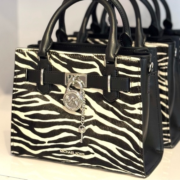 Michael Kors Hamilton Small Zebra Print Calf Hair Satchel Bag Black Multi - Picture 2 of 9